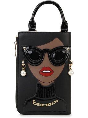 Women Black Brown Novelty Lady Face PU Leather ShoulderBag Handle Satchel Clutch